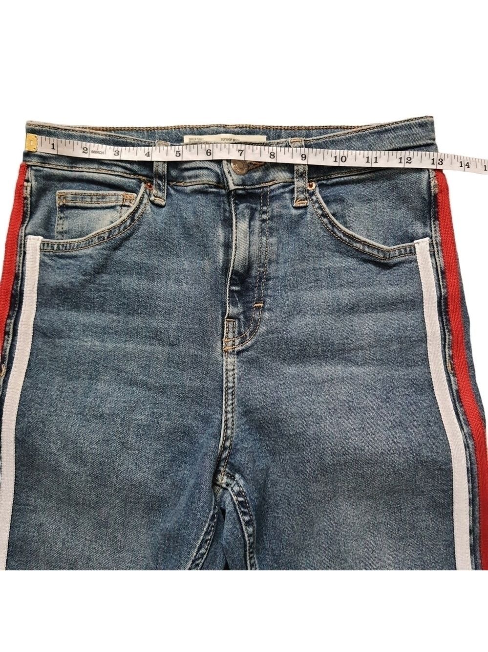 ๐บ๐ธ Topshop Jeans Moto Jamie Flare Womens 28 High Waisted Red White Blue Stripe - Picture 8 of 12